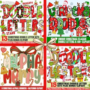 May include: A collection of Christmas-themed digital design sets. The image features colorful doodle letters, holiday characters, and the text "Christmas Doodle Letters" and "Alpha Merry". Includes clipart and sublimation files.