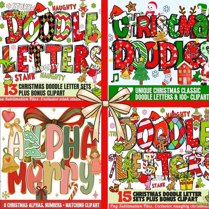 May include: A collection of Christmas-themed digital design sets. The image features colorful doodle letters, holiday characters, and the text "Christmas Doodle Letters" and "Alpha Merry". Includes clipart and sublimation files.