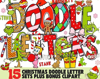 Retro Christmas Doodle Alphabet Clipart, PNG Bundle (Digital Download)