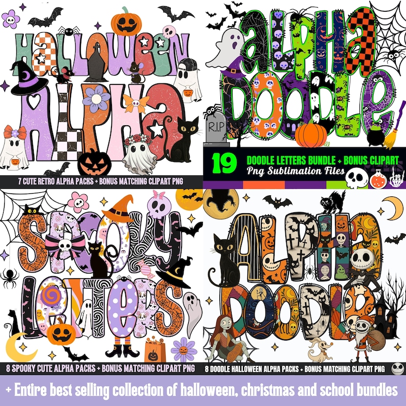 May include: A digital art bundle featuring four Halloween-themed designs. Each design showcases colorful, decorative lettering with spooky elements like pumpkins, ghosts, and bats. The text includes "Halloween," "Spooky Letters," and "Alpha Doodle."