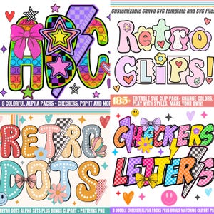 May include: A collection of colorful digital designs featuring retro-style lettering and graphics. The designs include the words "ABC", "Retro Clips", "Retro Dots", and "Checkers Letters", with various decorative elements like stars, bows, and hearts.