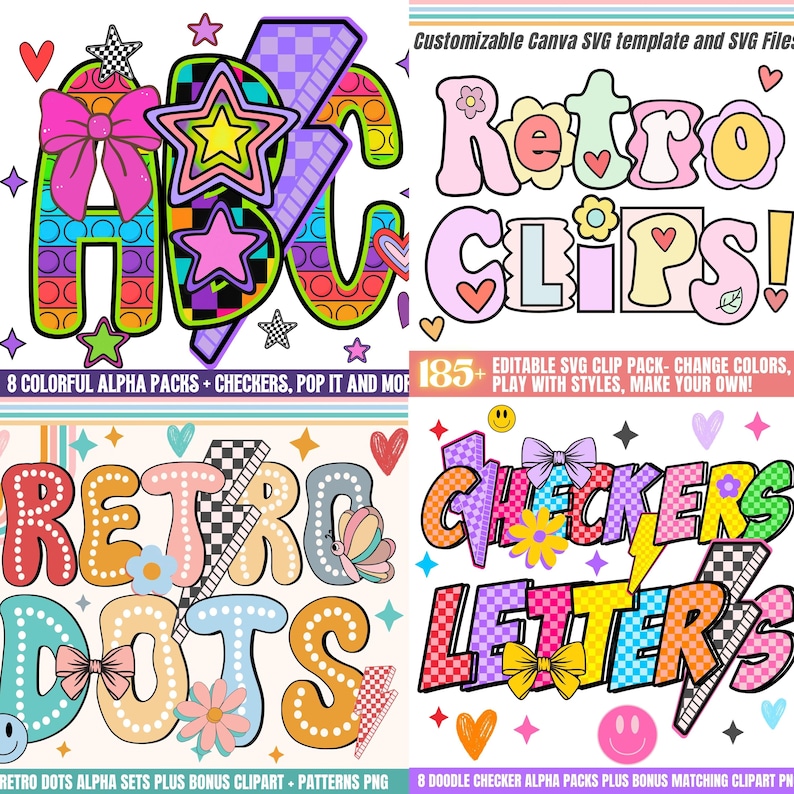 May include: A collection of colorful digital designs featuring retro-style lettering and graphics. The designs include the words "ABC", "Retro Clips", "Retro Dots", and "Checkers Letters", with various decorative elements like stars, bows, and hearts.