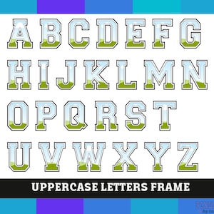 May include: Uppercase letters A through Z in a black frame with a green, blue, and white landscape inside each letter. The text "UPPERCASE LETTERS FRAME" is below the letters.