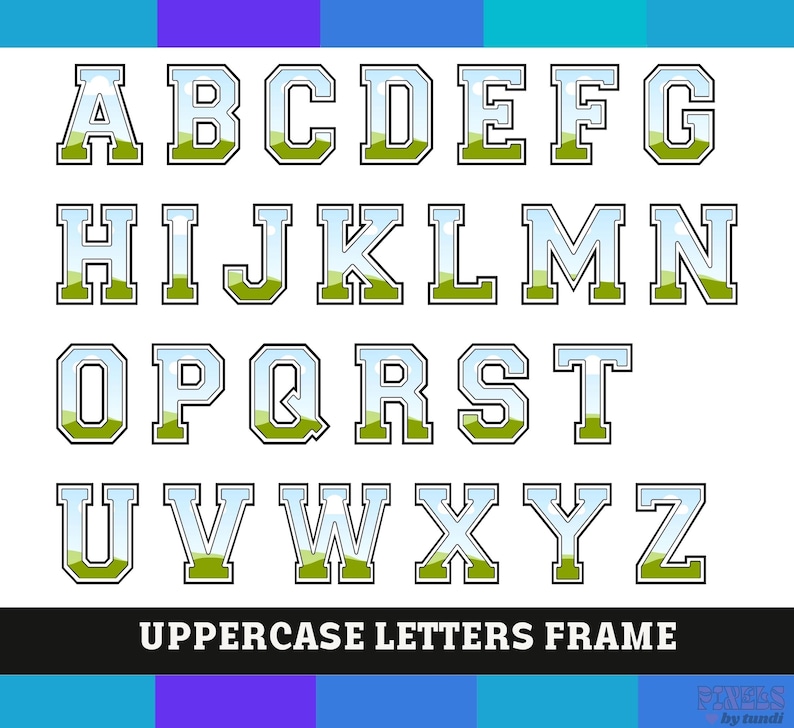 May include: Uppercase letters A through Z in a black frame with a green, blue, and white landscape inside each letter. The text "UPPERCASE LETTERS FRAME" is below the letters.