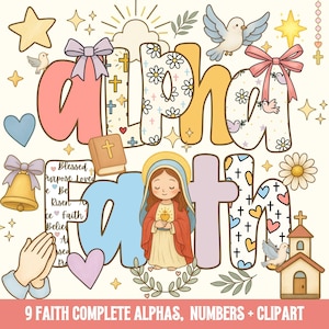 May include: A digital illustration featuring the word "alpha" in colorful, decorative letters. The image includes religious symbols such as crosses, doves, a church, and a depiction of the Virgin Mary. Additional elements include stars, bows, and a small book.
