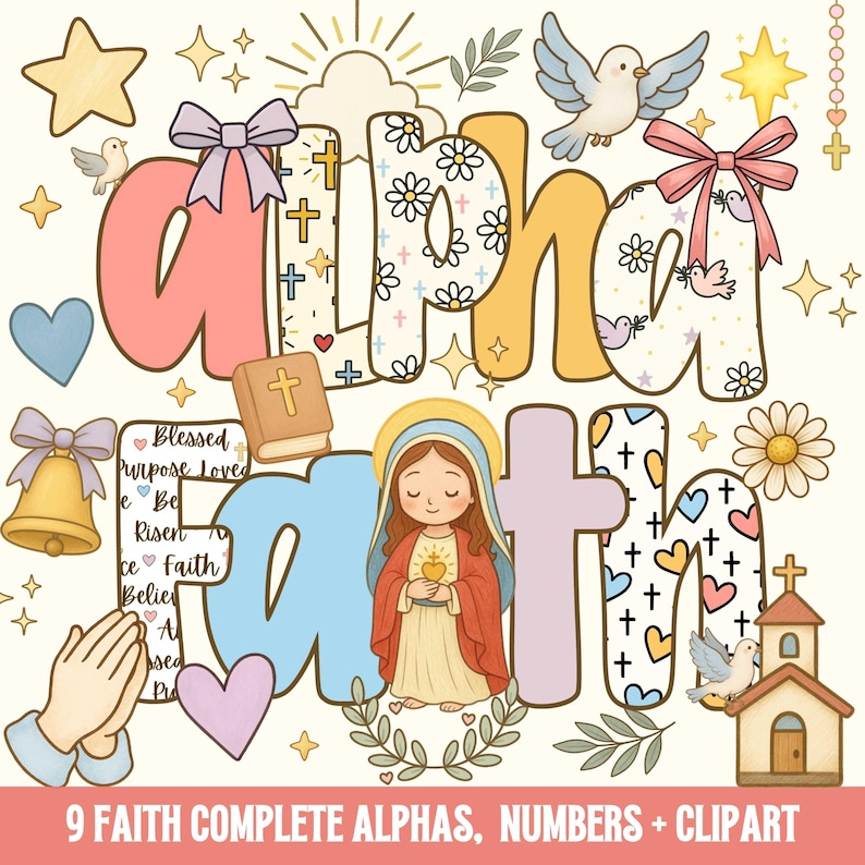 May include: A digital illustration featuring the word "alpha" in colorful, decorative letters. The image includes religious symbols such as crosses, doves, a church, and a depiction of the Virgin Mary. Additional elements include stars, bows, and a small book.
