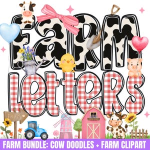 Pacote de letras de vaca e clipart de fazenda PNG, alfabeto de vaca, rabiscos de fazenda, guingão, animais de fazenda, números, letras de aniversário, clipart de aquarela