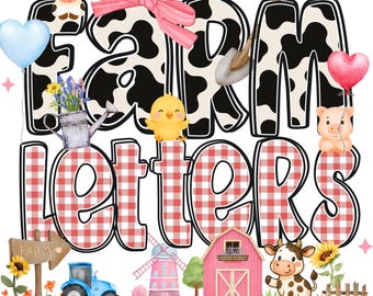 Cow Print Alphabet & Farm Clipart Bundle: Gingham Letters (Digital Download)