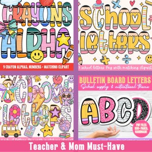 May include: A collage of colorful school-themed clipart, including letters, numbers, and decorative elements. The text includes "CRAYONS ALOHA", "SCHOOL LETTERS", and "BULLETIN BOARD LETTERS". The images are designed for teachers and moms.