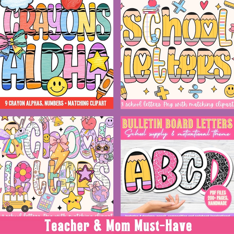 May include: A collage of colorful school-themed clipart, including letters, numbers, and decorative elements. The text includes "CRAYONS ALOHA", "SCHOOL LETTERS", and "BULLETIN BOARD LETTERS". The images are designed for teachers and moms.