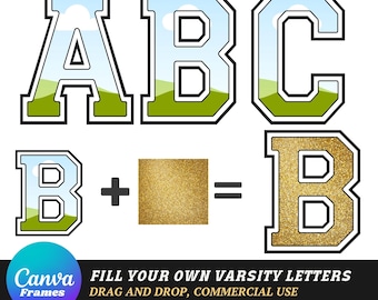 Paquete de alfabeto universitario editable para Canva, letras universitarias para arrastrar y soltar, alfabeto PNG para diseño de sublimación, plantilla de marco editable para Canva, Canva