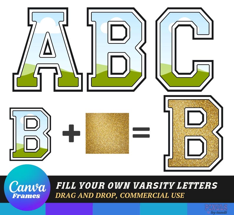 May include: A set of varsity letter templates with a sky and grass background. The letters are outlined in black and have a white interior. The letters are A, B, and C. There is a gold glitter square and a B letter with gold glitter inside the outline.