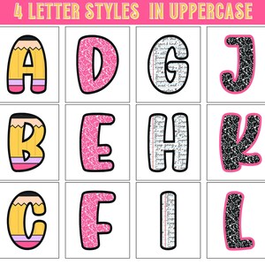 Op de afbeelding: Een raster van twaalf hoofdletters in vier verschillende stijlen. De letters zijn A, B, C, D, E, F, G, H, I, J, K en L. De letters zijn gele potlood, roze glitter, zwart-wit notitieboekpapier en zwarte glitter met roze rand.