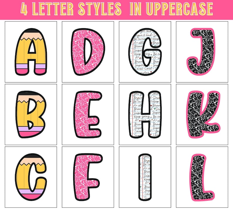 Op de afbeelding: Een raster van twaalf hoofdletters in vier verschillende stijlen. De letters zijn A, B, C, D, E, F, G, H, I, J, K en L. De letters zijn gele potlood, roze glitter, zwart-wit notitieboekpapier en zwarte glitter met roze rand.