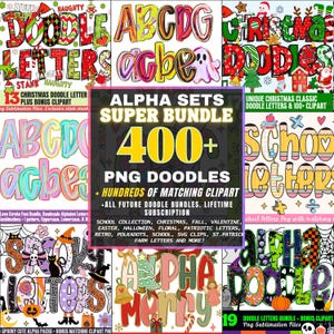 Doodle Letters Alphabet PNG Bundle - Spring Floral, Easter, Valentine, Retro, Halloween, Christmas, Doodle Letters, Sublimation Alpha Sets