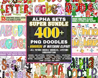 Doodle Letters Alphabet PNG Bundle - Spring Floral, Easter, Valentine, Retro, Halloween, Christmas, Doodle Letters, Sublimation Alpha Sets
