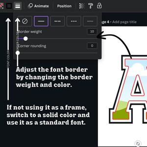 May include: A graphic design tool interface showing a letter 'A' with a red border and a blue and green fill. The interface shows options to adjust the border weight and color of the letter.