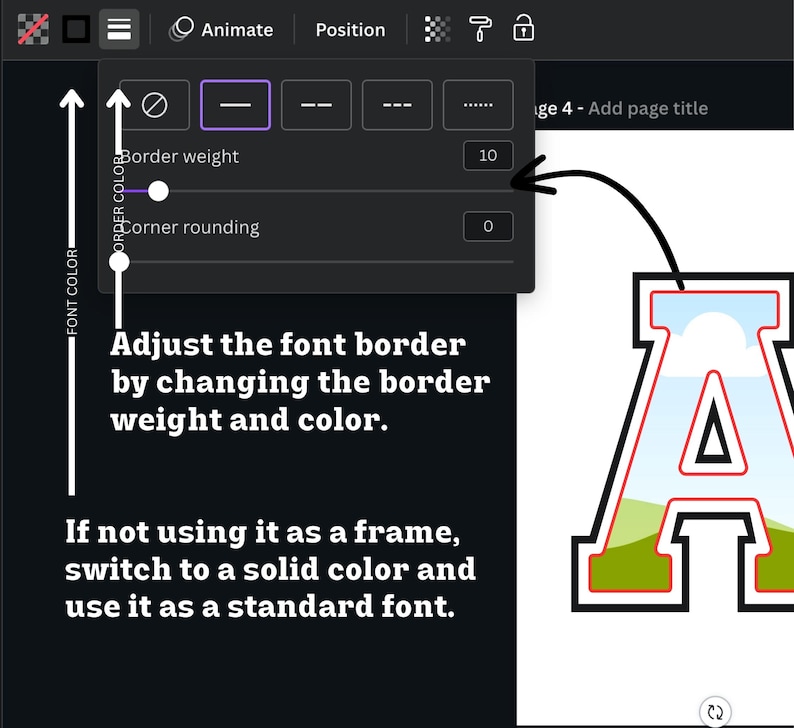 May include: A graphic design tool interface showing a letter 'A' with a red border and a blue and green fill. The interface shows options to adjust the border weight and color of the letter.