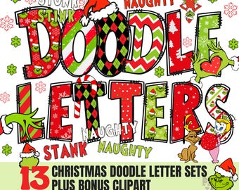 Christmas Letters Doodle Clip Art PNG Files, Christmas Sublimation Doodle Letters