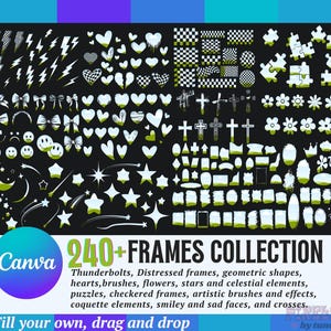 Mega Bundle Ultimate Canva Frames, cornici digitali drag-and-drop, effetto consumato, cuori, scacchi, civette e altro ancora, modelli clipart Canva