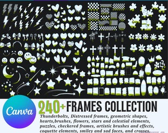 Mega Bundle di Canva Frames: oltre 240 modelli di clipart con cuori, scacchi e effetti distressed (download digitale)