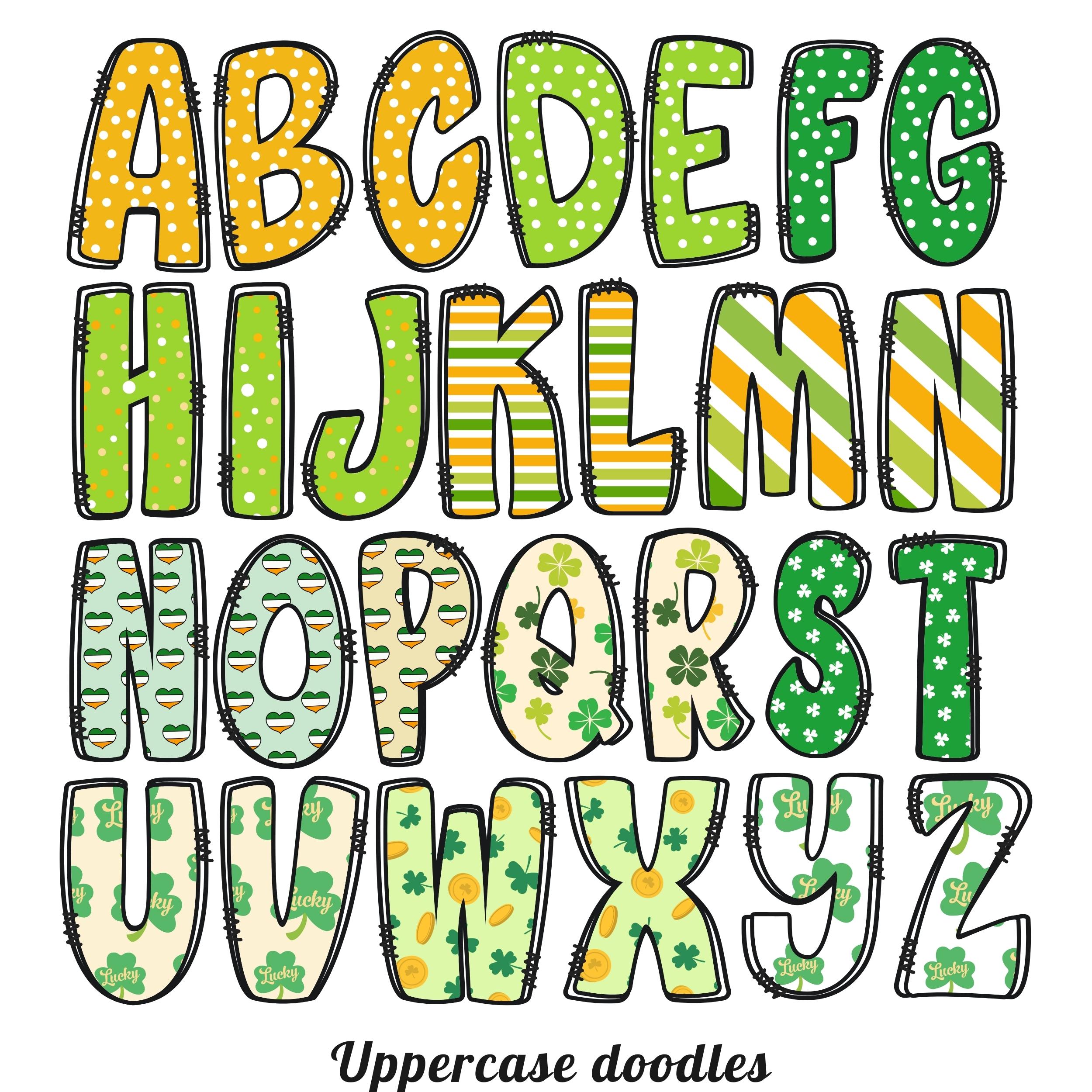 Patrick Writing Letters St. Patrick Doodle Letters: Clover Alphabet Clipart (PNG Digital ...