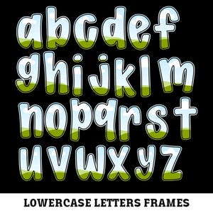 May include: Lowercase alphabet letters, each with a unique design. The letters are white with a blue sky and green grass design inside, outlined in black, set against a black background. The text "LOWERCASE LETTERS FRAMES" is at the bottom.