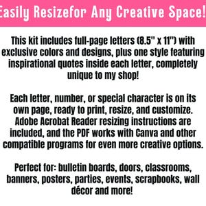 Op de afbeelding: Een advertentie voor een digitale kit op een witte achtergrond. De tekst beschrijft een kit met full-page letters (21.6 cm x 28 cm) met exclusieve ontwerpen en inspirerende citaten. De kit is ontworpen om af te drukken, te vergroten en aan te passen.
