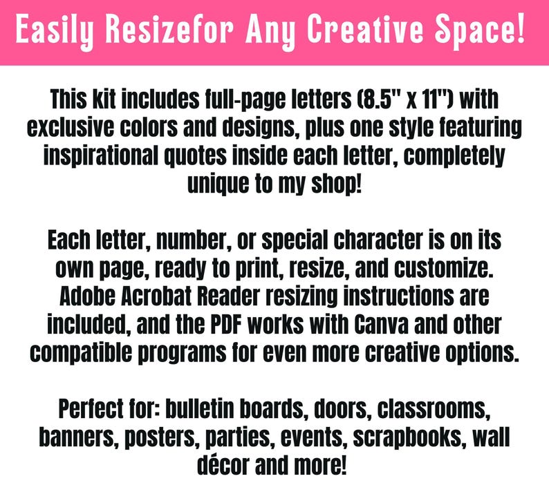 Op de afbeelding: Een advertentie voor een digitale kit op een witte achtergrond. De tekst beschrijft een kit met full-page letters (21.6 cm x 28 cm) met exclusieve ontwerpen en inspirerende citaten. De kit is ontworpen om af te drukken, te vergroten en aan te passen.