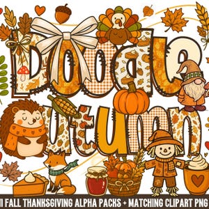 May include: A colorful digital illustration with the words "Doodle Autumn" in large letters, decorated with fall-themed images. The image includes a turkey, pumpkin, hedgehog, fox, and other autumn elements.