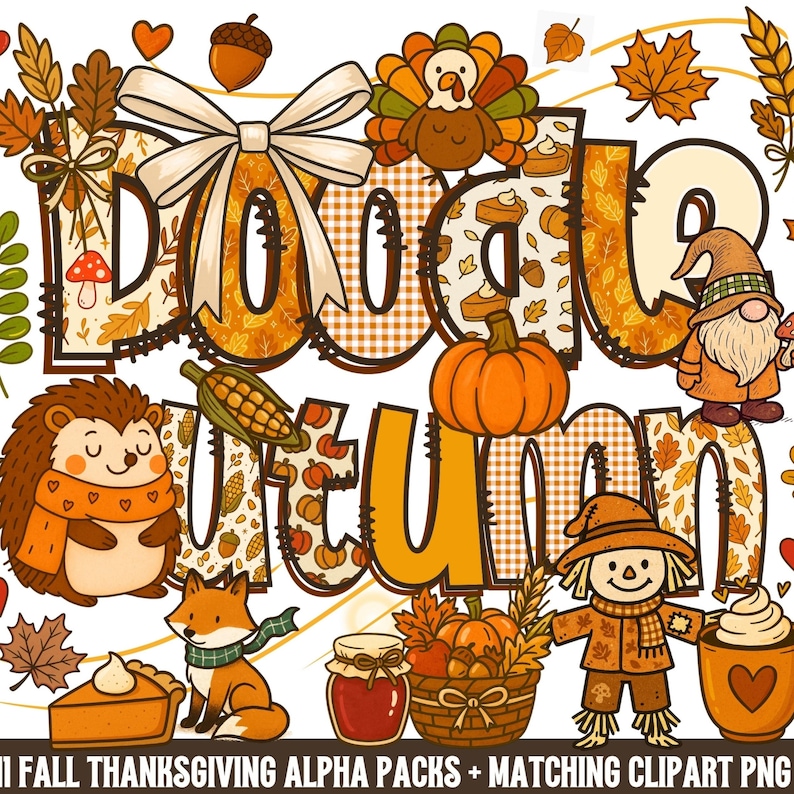 May include: A colorful digital illustration with the words "Doodle Autumn" in large letters, decorated with fall-themed images. The image includes a turkey, pumpkin, hedgehog, fox, and other autumn elements.