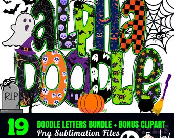 Halloween Doodle Letters PNG Bundle, Neon Scary Font (Digital Download)