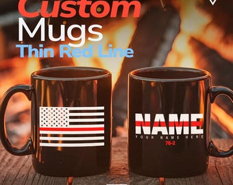 Personalized Thin Red Line Mug, Custom Firefighter Gift, Firefighter Coffee Cup, Name & Number