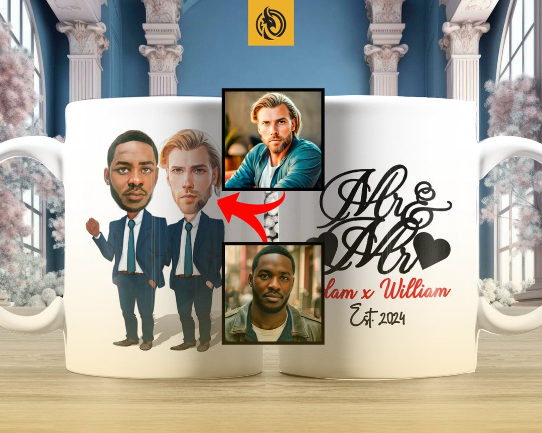 Custom Gay Couple Wedding Cartoon Mug for Gay Couple Gift for Gay