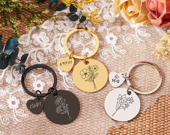 Customised Keychain Birthday Flower Keychain Couple keyring Heart Keychain Stainless Steel Keychains Gift for Him Her Birthday gifts
