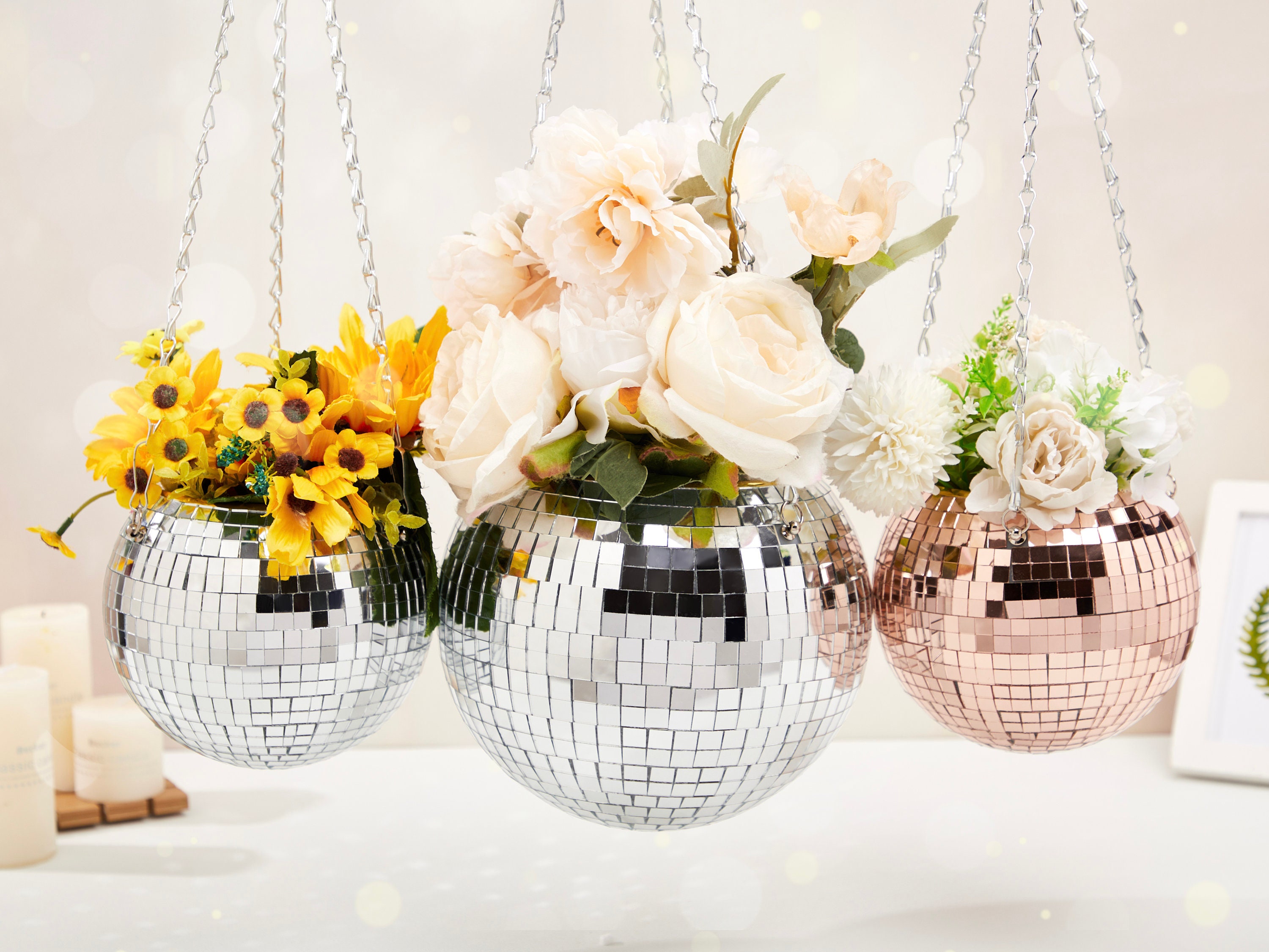 Golden Crystal Disco Ball Hanging Planter Rose Gold