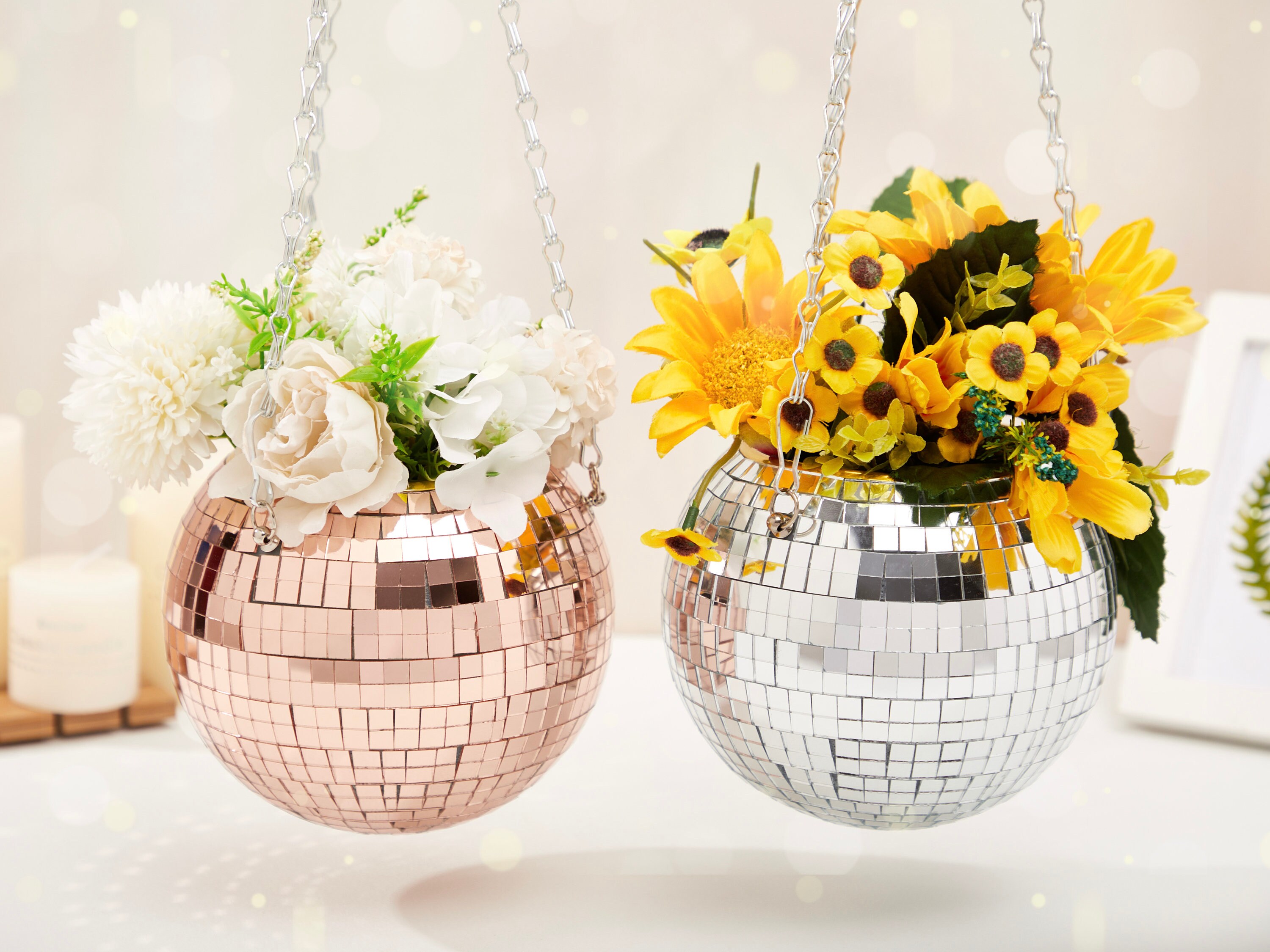 Golden Crystal Disco Ball Hanging Planter Rose Gold