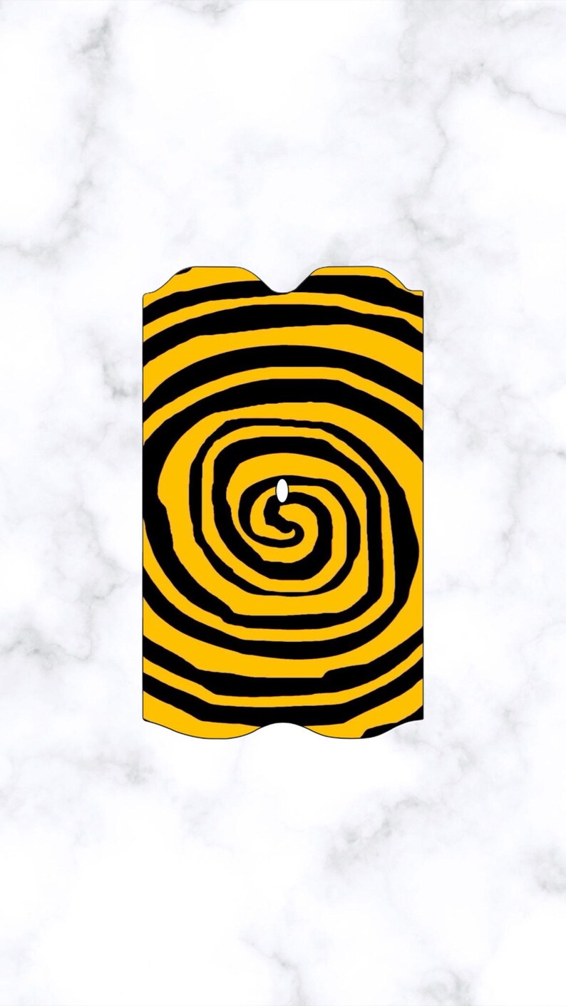 May include: A black and yellow spiral pattern on a white background. The spiral is centred in the image and is made up of thick black lines.