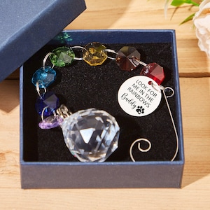 Könnte beinhalten: Ein Kristall-Sonnenfänger mit einem Regenbogen aus Perlen und einem silbernen Anhänger mit der Aufschrift "Suche mich in den Regenbögen Buddy" mit einem Pfotenabdruck.