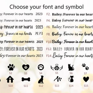 Puede incluir: Un gr&aacute;fico que muestra 16 opciones diferentes de fuente y s&iacute;mbolo para un memorial de mascotas. Las opciones incluyen varias fuentes para el texto "Bailey: Forever in our hearts 2023" y 16 s&iacute;mbolos diferentes, incluyendo huellas de patas, un coraz&oacute;n, un hueso, una casa, un gato, un p&aacute;jaro y un s&iacute;mbolo de infinito.