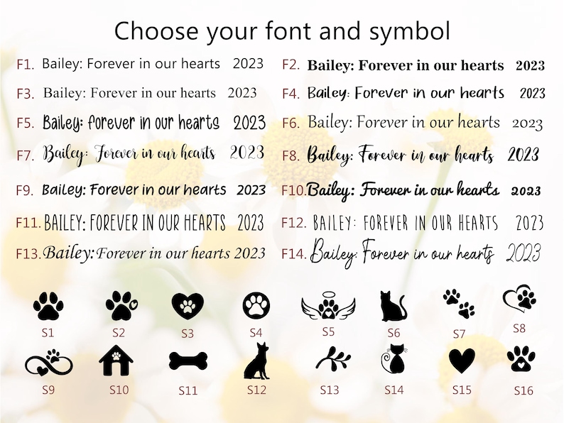 Puede incluir: Un gr&aacute;fico que muestra 16 opciones diferentes de fuente y s&iacute;mbolo para un memorial de mascotas. Las opciones incluyen varias fuentes para el texto "Bailey: Forever in our hearts 2023" y 16 s&iacute;mbolos diferentes, incluyendo huellas de patas, un coraz&oacute;n, un hueso, una casa, un gato, un p&aacute;jaro y un s&iacute;mbolo de infinito.
