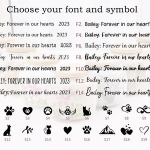 May include: Image featuring font and symbol options for personalized memorial items. Text includes "Choose your font and symbol" and examples like "Bailey: Forever in our hearts 2023" with various font styles and symbols.