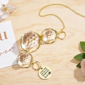May include: A gold-coloured crystal suncatcher with three faceted crystal orbs suspended by a chain. A small, round charm with the text "LOOK FOR ME IN THE RAINBOWS" and a paw print is attached. The background includes a card with the word "you" and flowers.