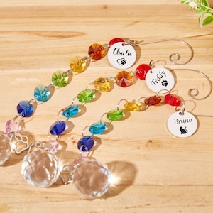 May include: Three rainbow crystal suncatchers with personalized tags. The tags read "Charlie", "Teddy", and "Bruno". Each tag has a paw print or a cat silhouette.