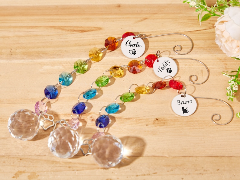 May include: Three rainbow crystal suncatchers with personalized tags. The tags read "Charlie", "Teddy", and "Bruno". Each tag has a paw print or a cat silhouette.