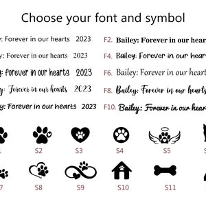 May include: A graphic showing different font styles and symbols for a pet memorial. The text reads "Bailey: Forever in our hearts 2023". The symbols include paw prints, a heart with a paw print, an angel with wings, a cat, a bone, a house, and an infinity symbol.