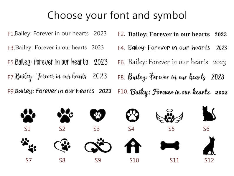 May include: A graphic showing different font styles and symbols for a pet memorial. The text reads "Bailey: Forever in our hearts 2023". The symbols include paw prints, a heart with a paw print, an angel with wings, a cat, a bone, a house, and an infinity symbol.