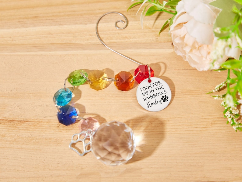 May include: Rainbow crystal suncatcher with a silver paw print charm and a silver tag that reads "Look for me in the rainbows Harley".