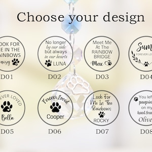 May include: A set of ten different pet memorial designs featuring paw prints, hearts, and text. The designs are printed on round, white, ceramic tiles. The tiles are arranged in two rows of five. The text on the tiles includes phrases like "Look for me in the rainbows", "Forever loved", and "Meet me at the rainbow bridge".