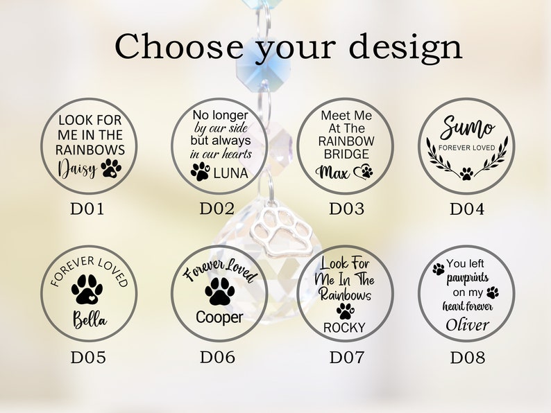 May include: A set of ten different pet memorial designs featuring paw prints, hearts, and text. The designs are printed on round, white, ceramic tiles. The tiles are arranged in two rows of five. The text on the tiles includes phrases like "Look for me in the rainbows", "Forever loved", and "Meet me at the rainbow bridge".